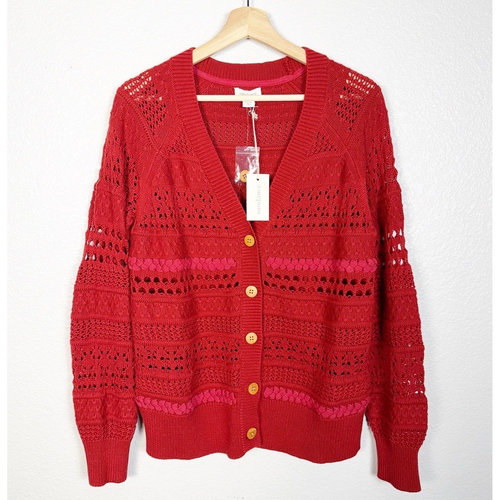 Sundance NWT Size M Women's Boho Travelers Open Knit Cardigan Sweater Rust Red